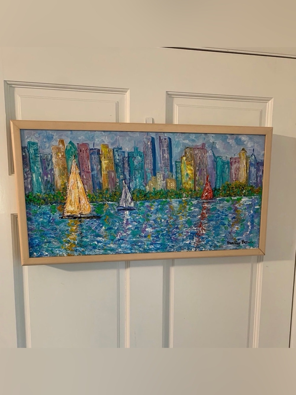 Vintage Impressionist Oil Painting of NYC Skyline Twin Towers Sailboats